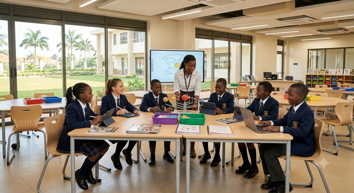 A P7 class in Uganda practising together with a teacher, using tablets and laptops